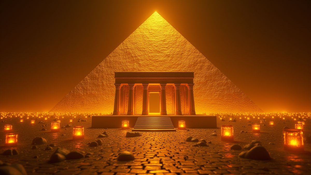 A golden Mesopotamian temple surrounded by shining artifacts.