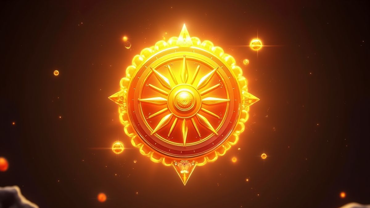 A glowing golden sun symbol surrounded by precious stones.