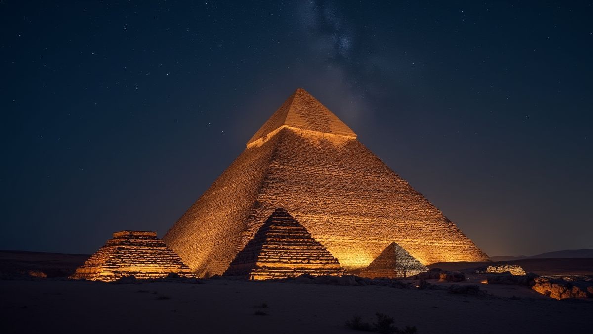 Pirámide egipcia mística iluminada bajo un cielo estrellado.