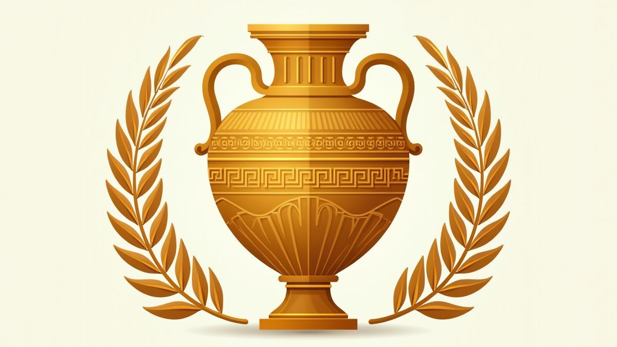 Golden amphora with Greek patterns and laurel leaves.