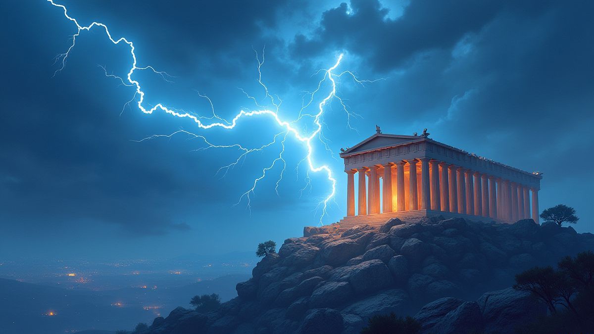 Lightning striking a temple on Mount Olympus.