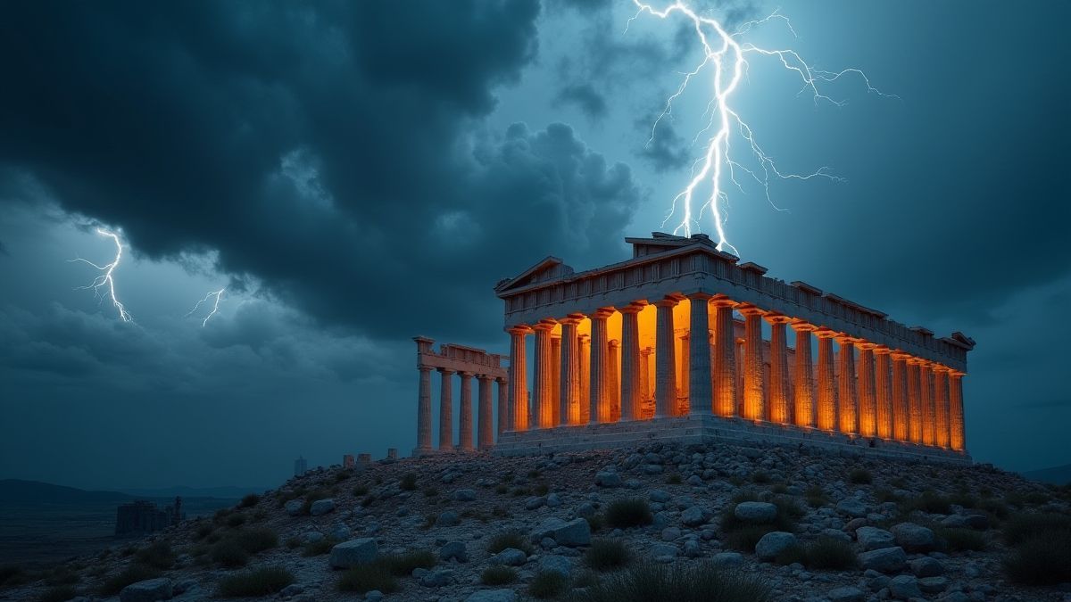 Templo griego antiguo rodeado de relámpagos y nubes de tormenta.