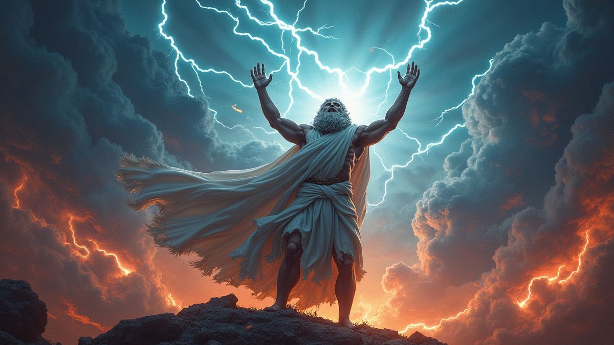 Zeus invocando rayos desde el cielo en una escena vibrante.