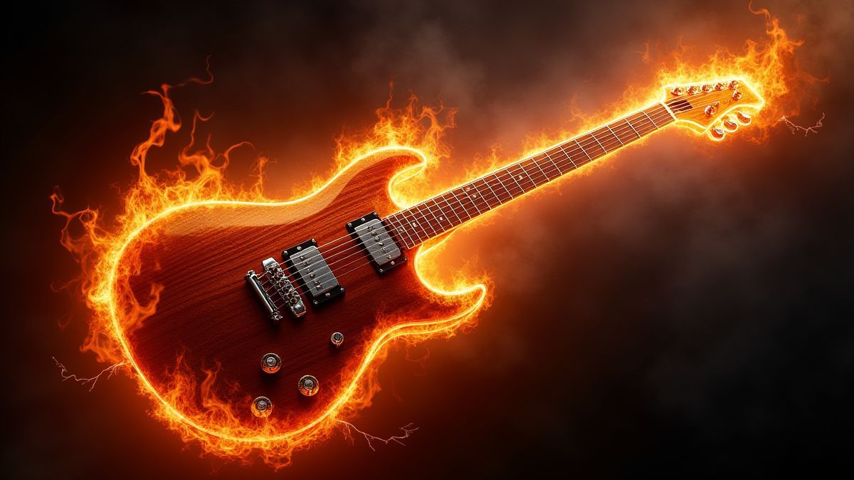 E-Gitarre umgeben von Flammen und Blitzen.