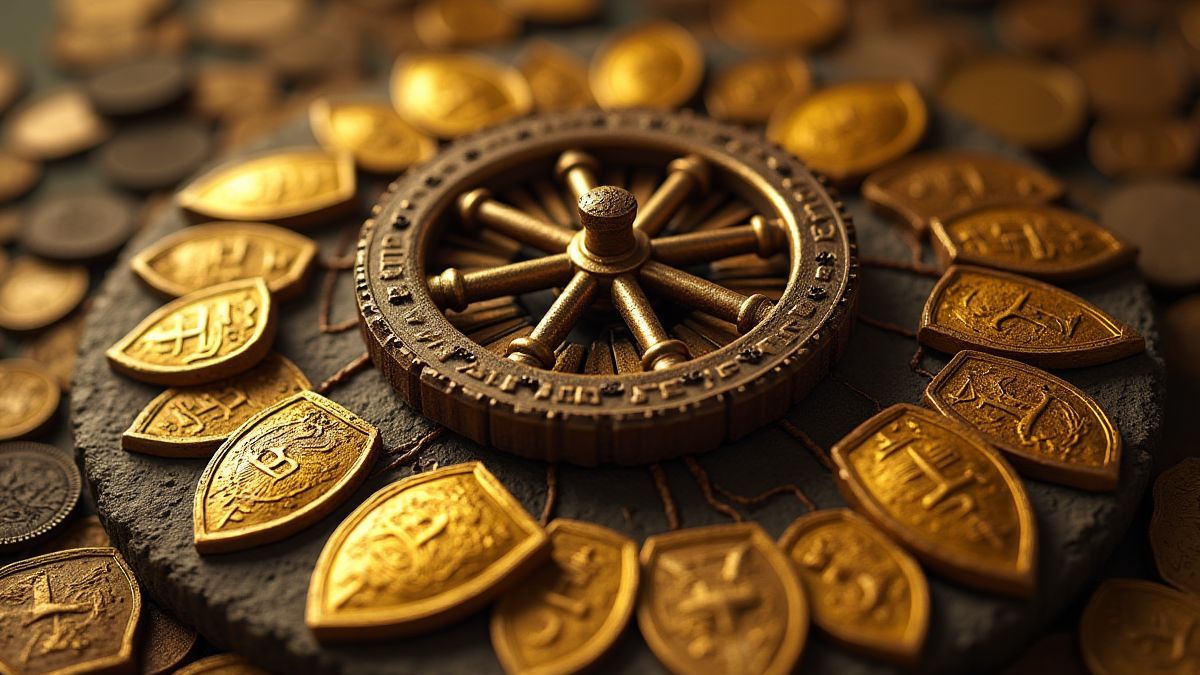 Une roue tournante entourée de boucliers dorés et de pièces anciennes.