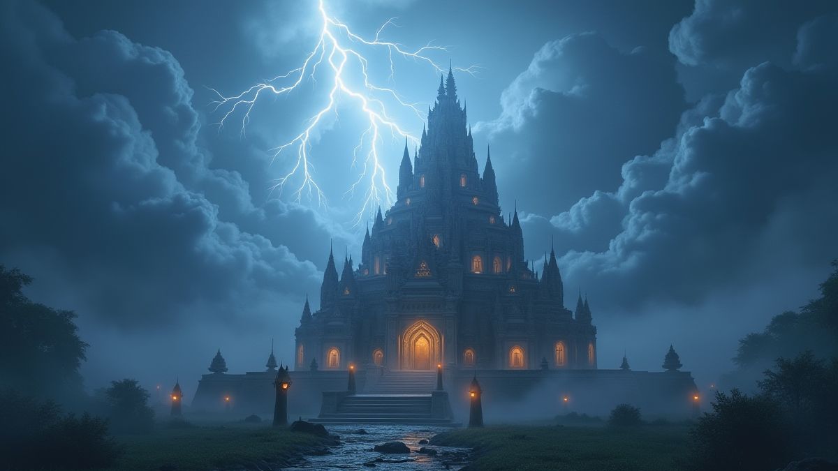 Un temple mythologique entouré de rayons et de nuages sombres.