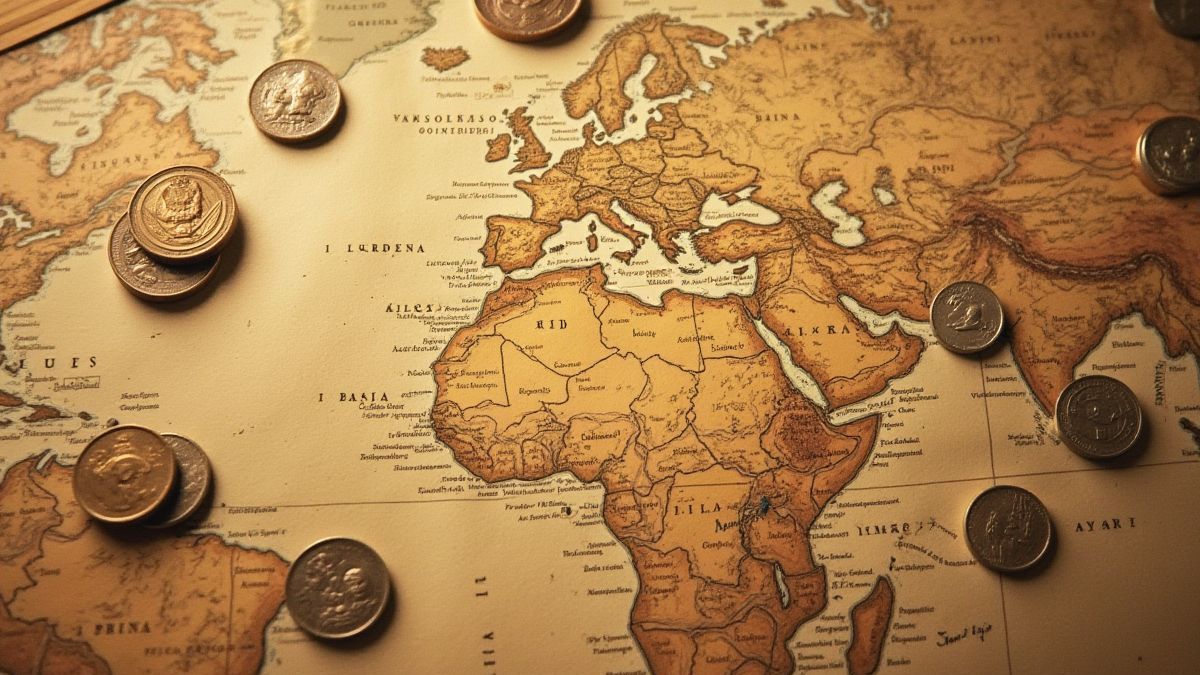 Des pièces éparpillées sur une carte ancienne.