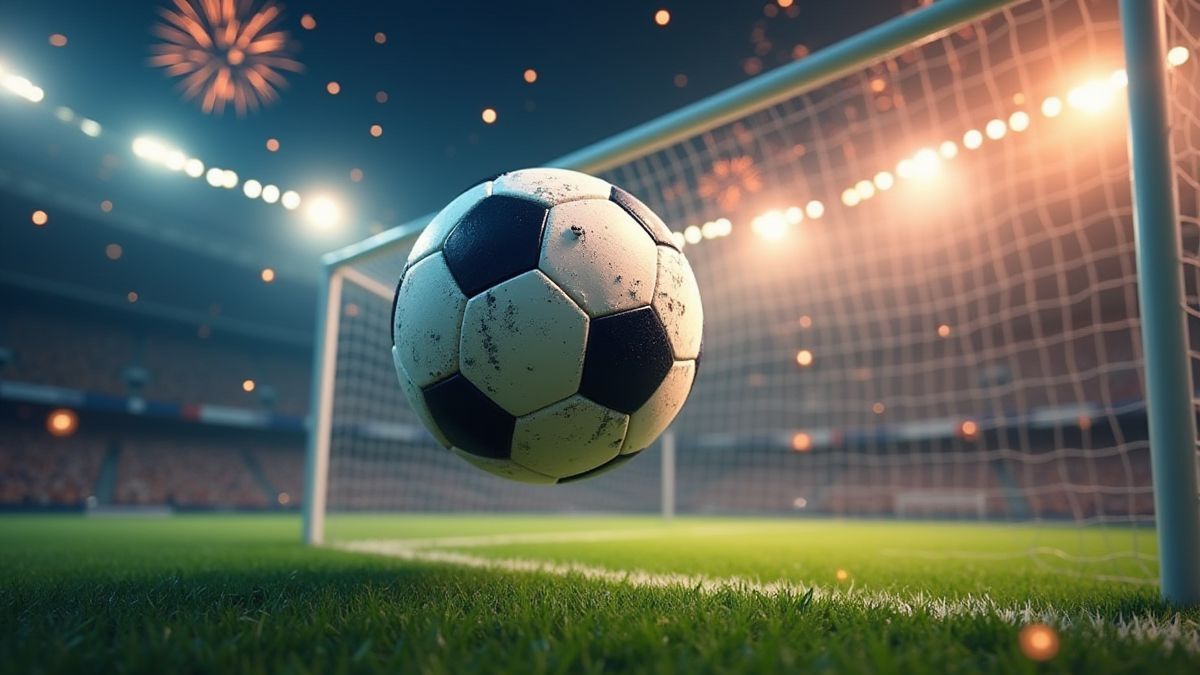 Balón de fútbol entrando en la portería con fuegos artificiales de fondo.