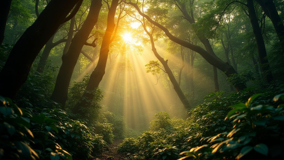 Uma selva densa com luz dourada filtrando entre as árvores.