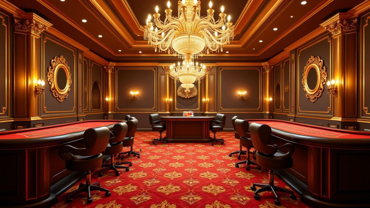 Luxuriöses Casinozimmer mit goldenen Dekorationen und funkelnden Kronleuchtern.