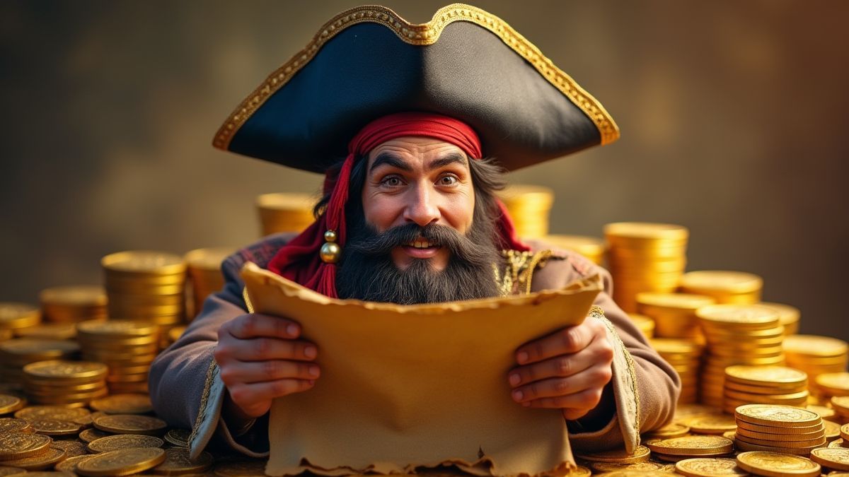 Un pirate soutenant un plan du trésor entouré de pièces d'or.