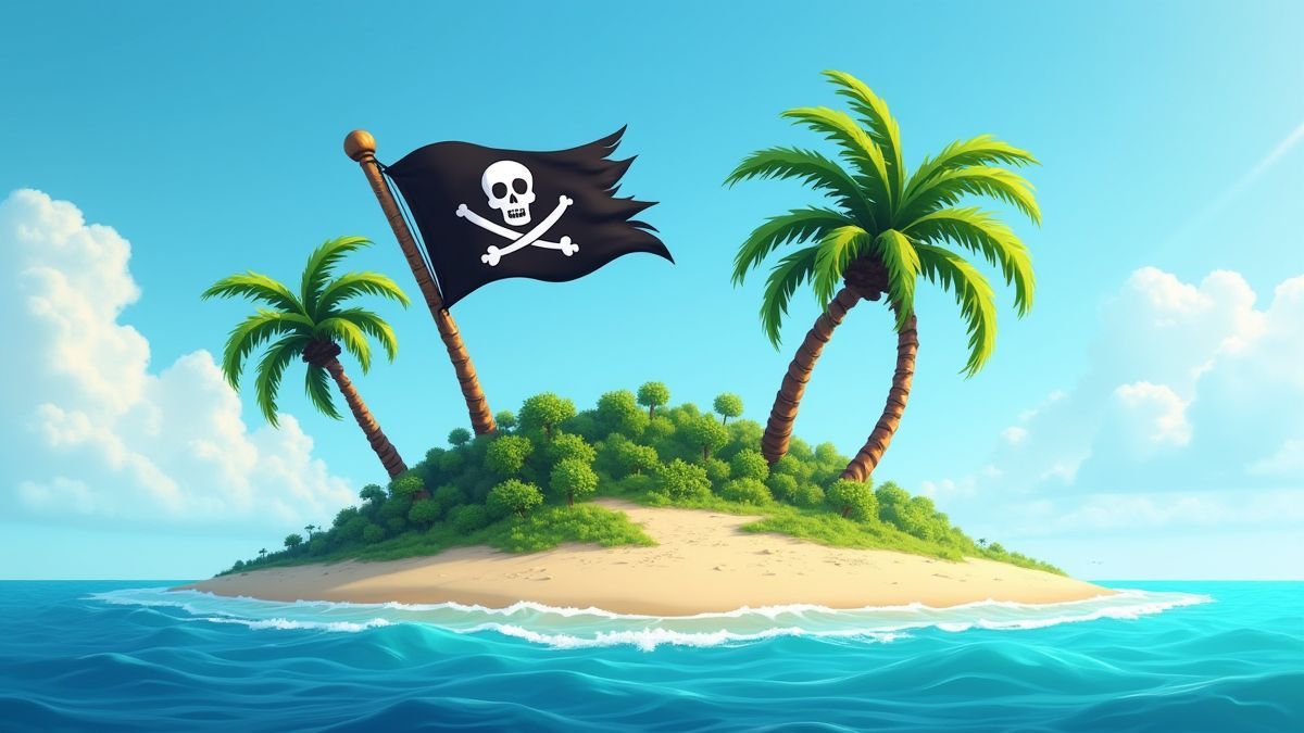 Une île tropicale avec des palmiers et un drapeau pirate flottant.
