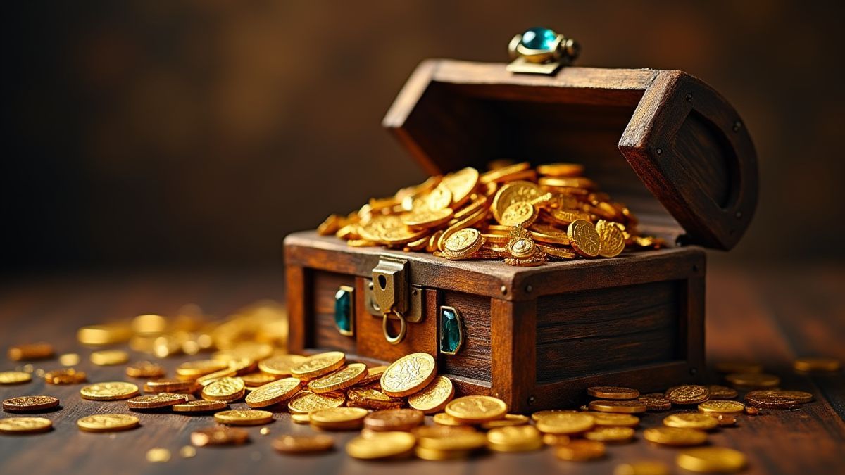 Un coffre au trésor débordant de pièces d'or et de bijoux.