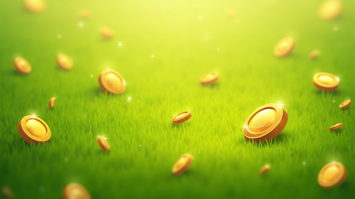 Goldmünzen, die über ein lebhaftes grünes Feld verstreut sind.