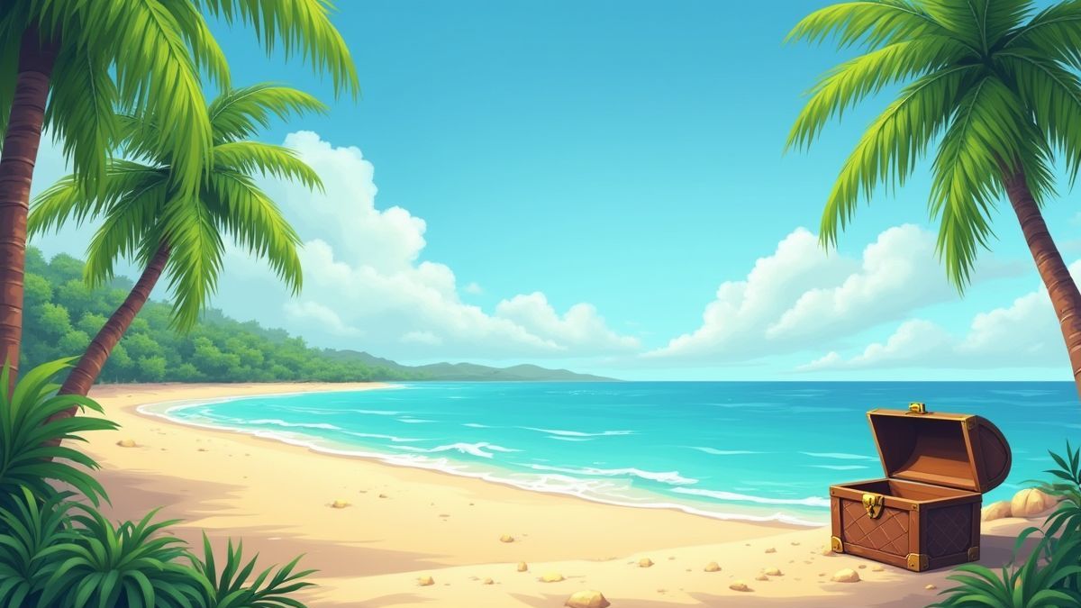 Una isla tropical con un cofre del tesoro enterrado en la arena y palmeras al fondo.