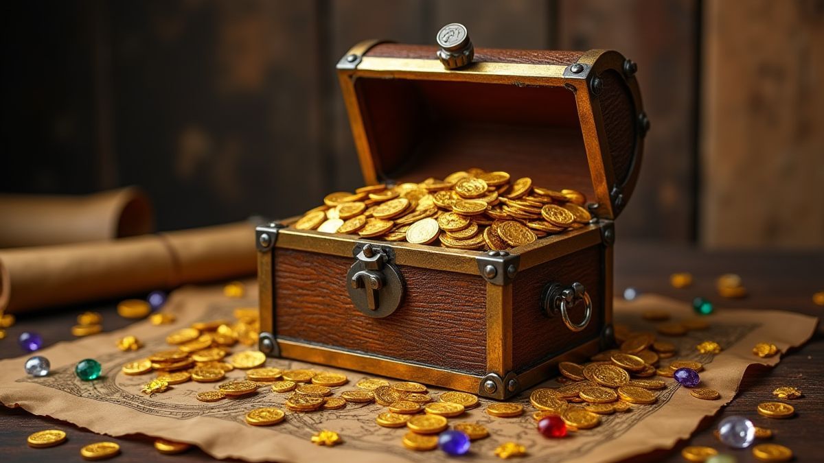 Monedas doradas saliendo de un cofre del tesoro rodeado de mapas piratas y joyas.
