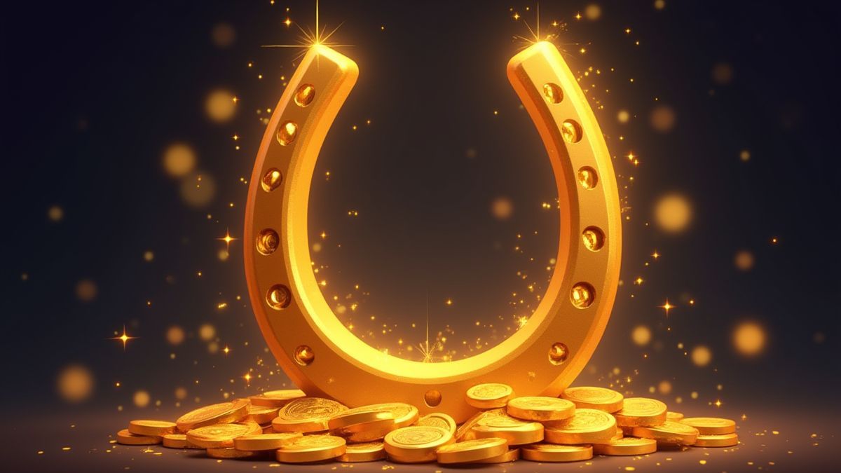 Gouden hoefijzer omringd door schitteringen en munten.
