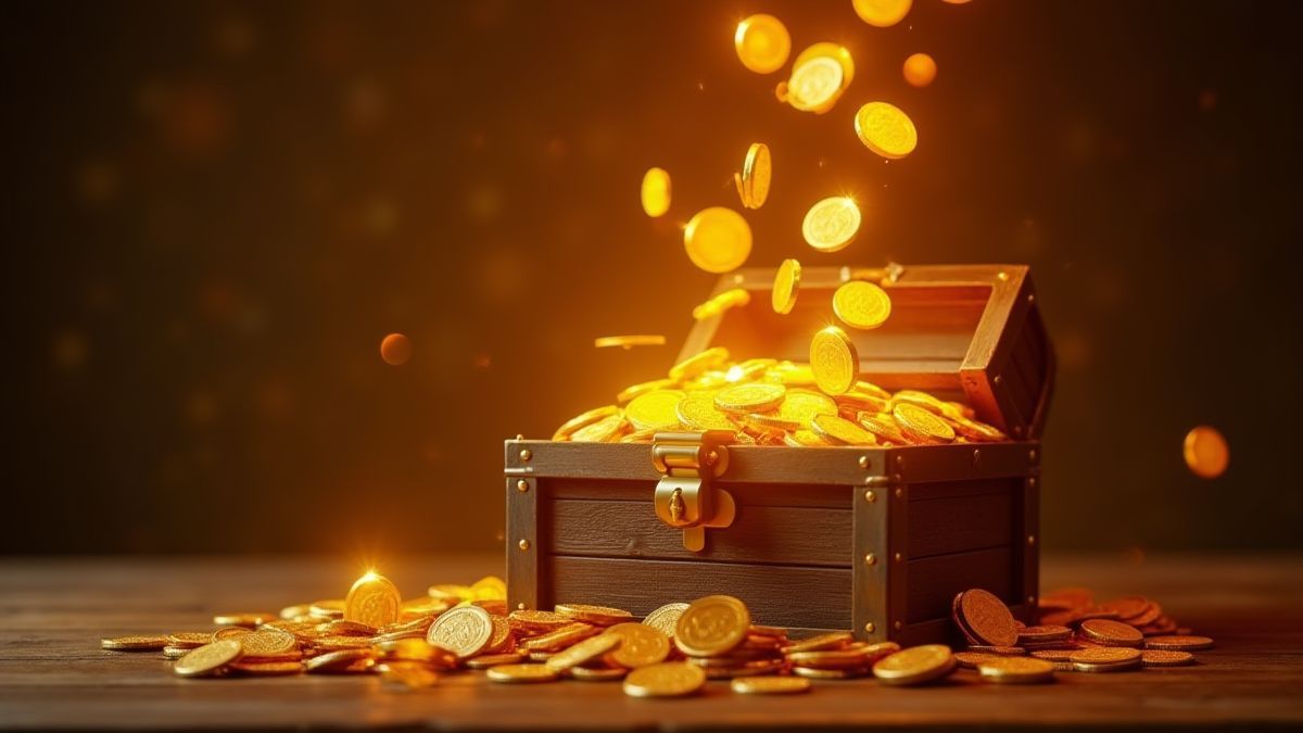 Gouden munten die in een schatkist vallen.