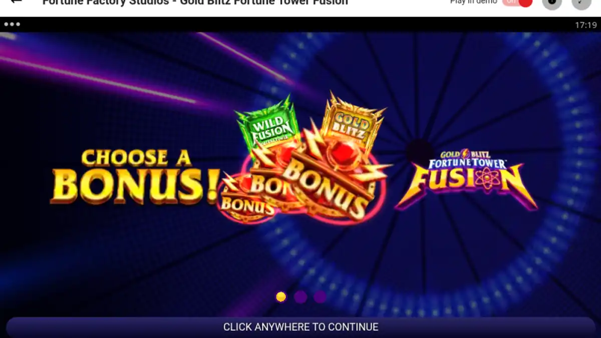 Einführungsfolie des Gold Blitz Fortune Tower Fusion Slots
