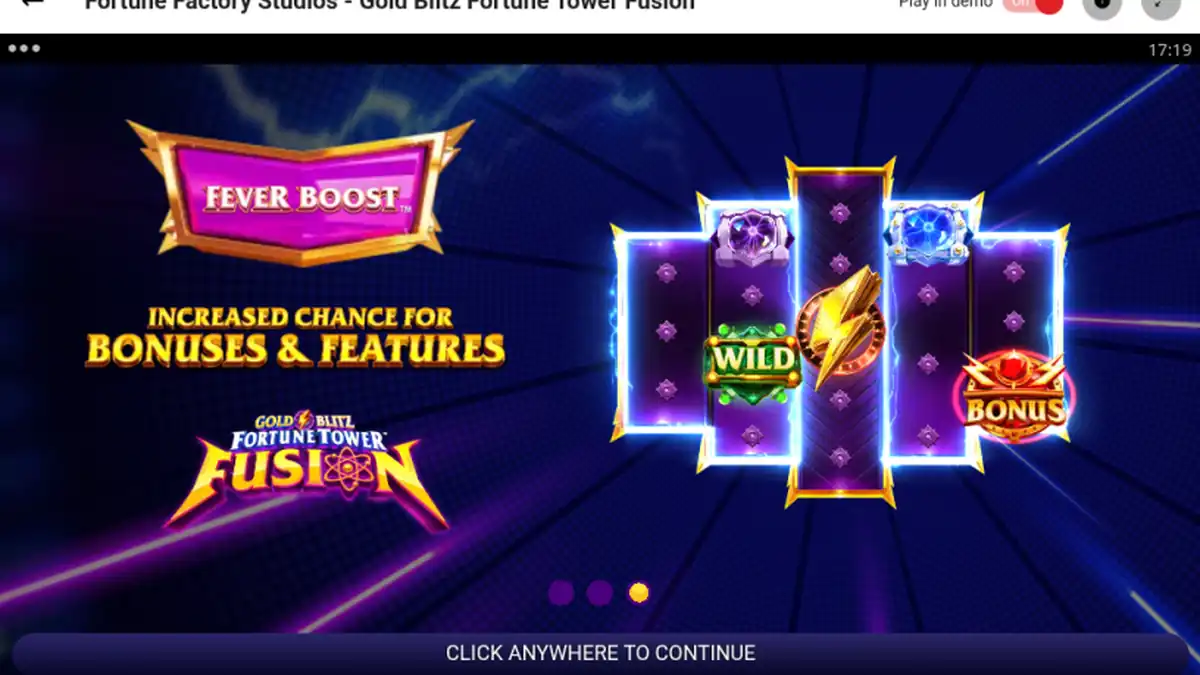 Einführungsfolie des Gold Blitz Fortune Tower Fusion Slots