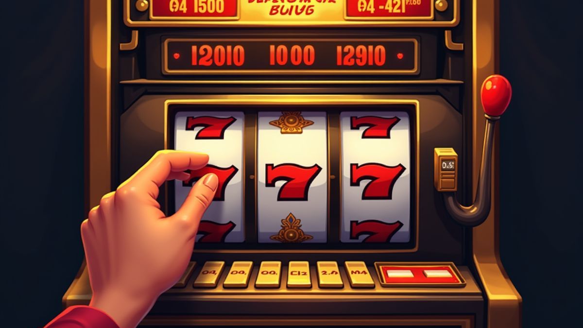 Hands spinning a classic slot machine.