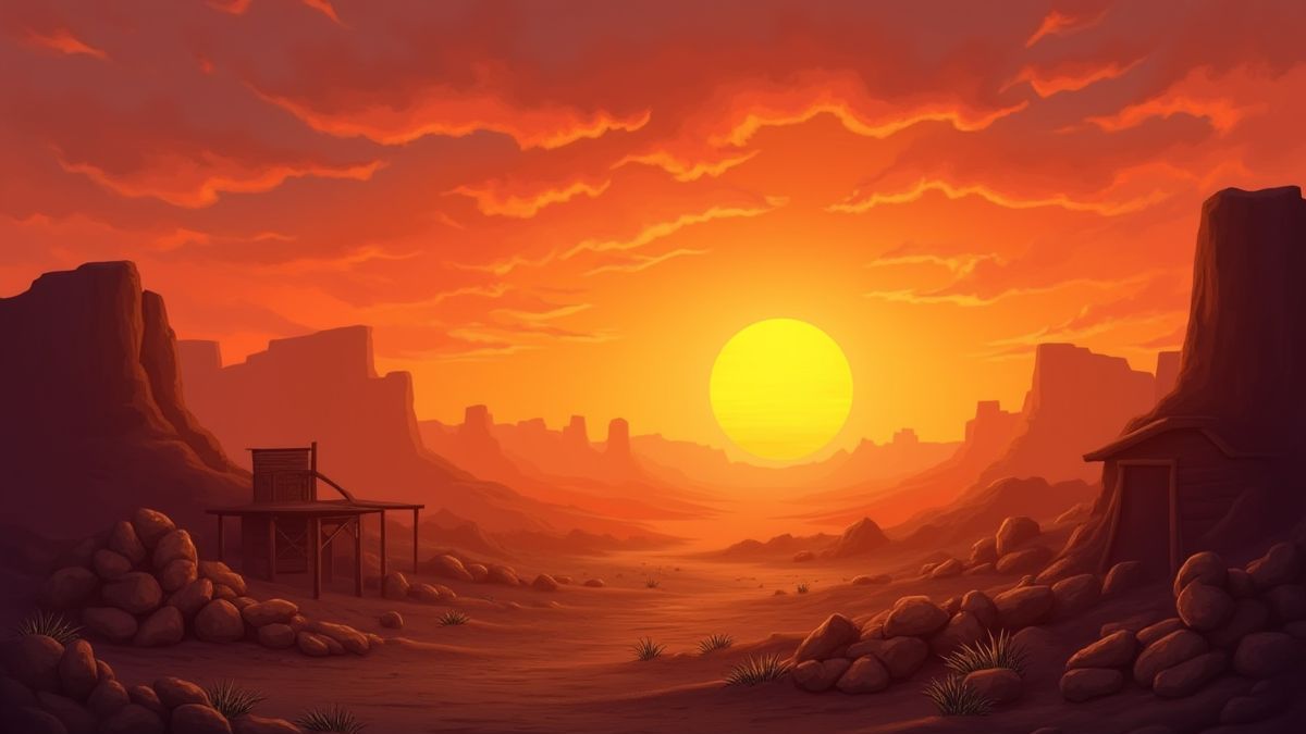 Ein Sonnenuntergang im Wilden Westen mit Goldminen und verstreutem Dynamit.