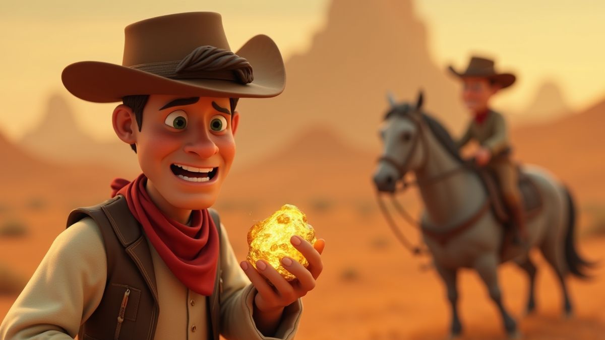 Ein Cowboy, der eine Goldnugget hält, mit einem Pferd im Hintergrund.