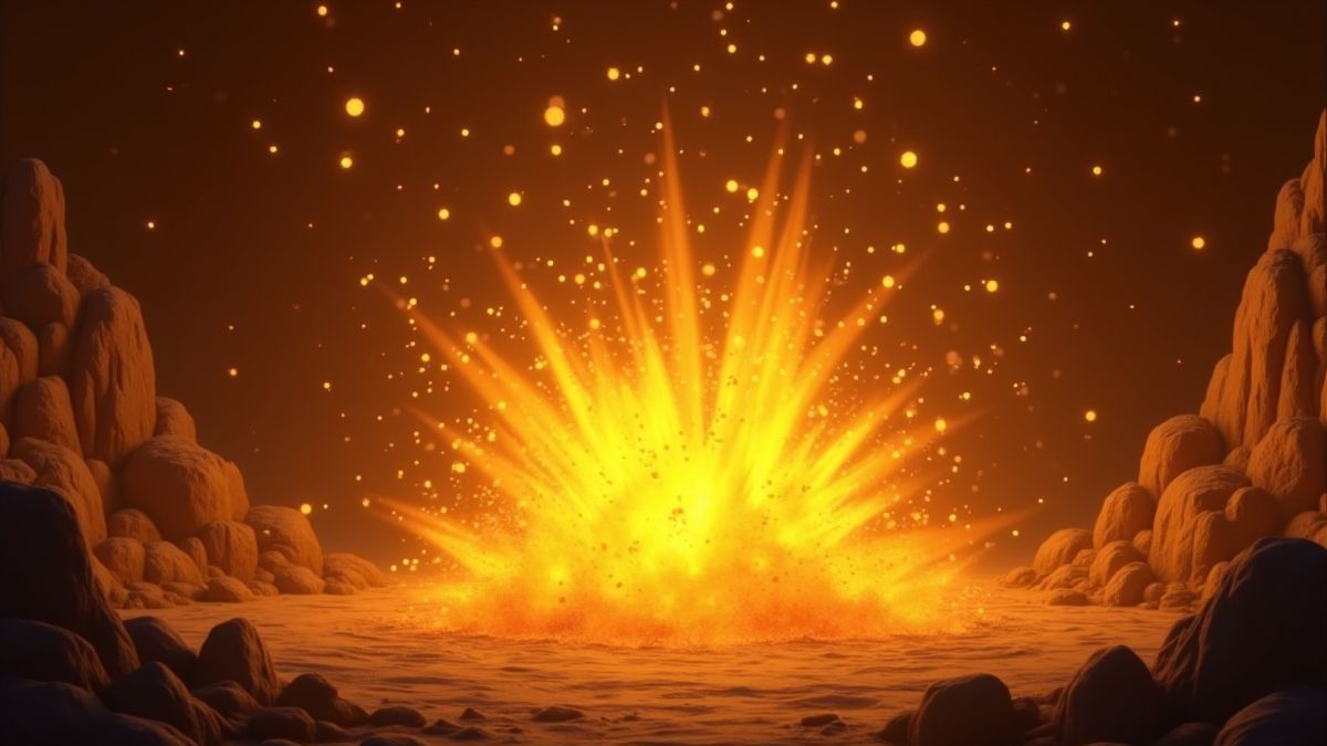 Dynamit, das in einer Goldmine explodiert, mit goldenen Funken, die herumschwirren.