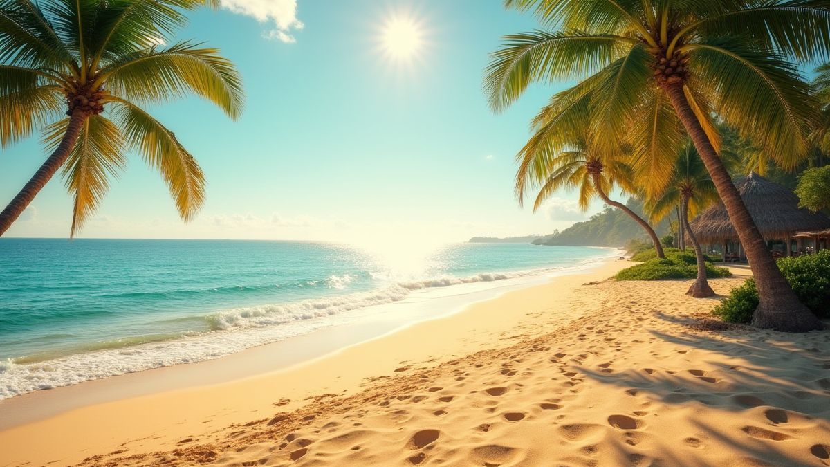 Uma costa dourada com areia brilhante e palmeiras.