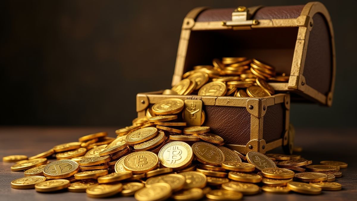 Moedas e barras de ouro saindo de um cofre do tesouro.