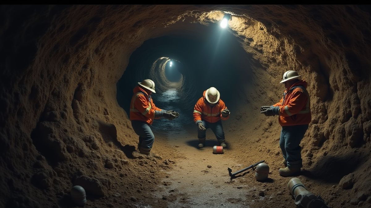 Scene of an underground mine with miners at work.