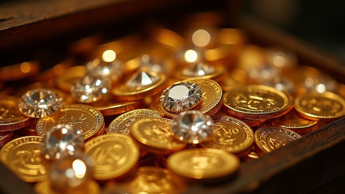 Bright diamonds and gold coins in a treasure chest.