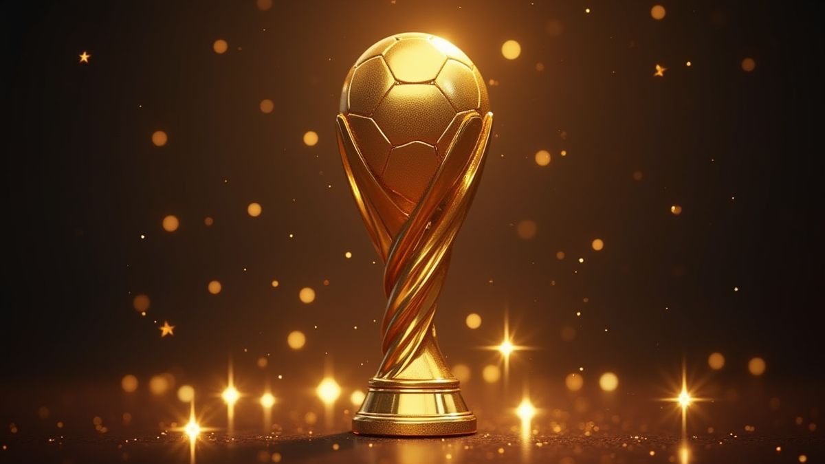 Golden trophy with a football design surrounded by sparkling stars.