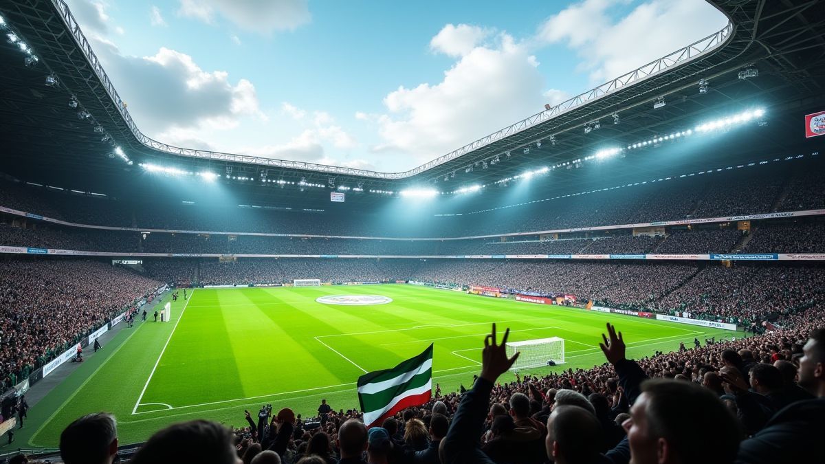Football stadium with green grass and fans waving flags.