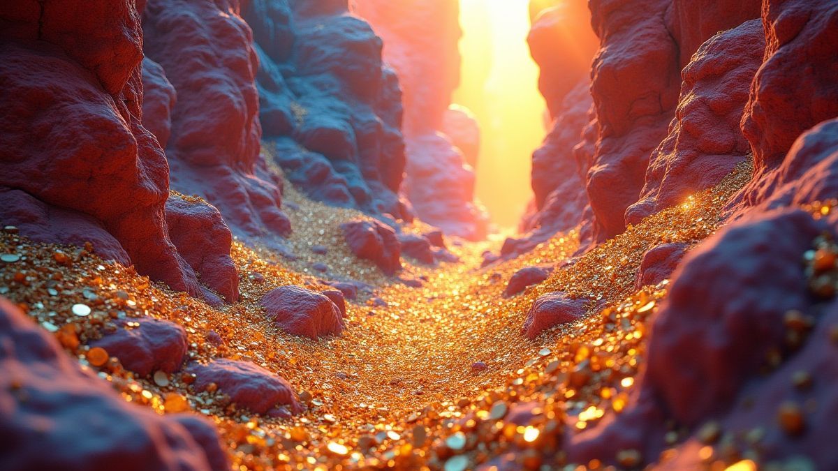 Un cañón lleno de pepitas de oro y gemas brillantes.