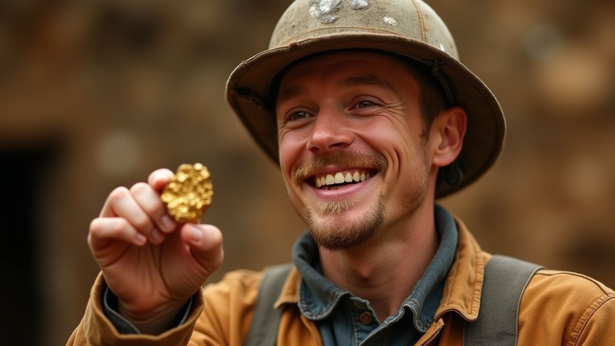 Un minero sosteniendo una pepita de oro y sonriendo.