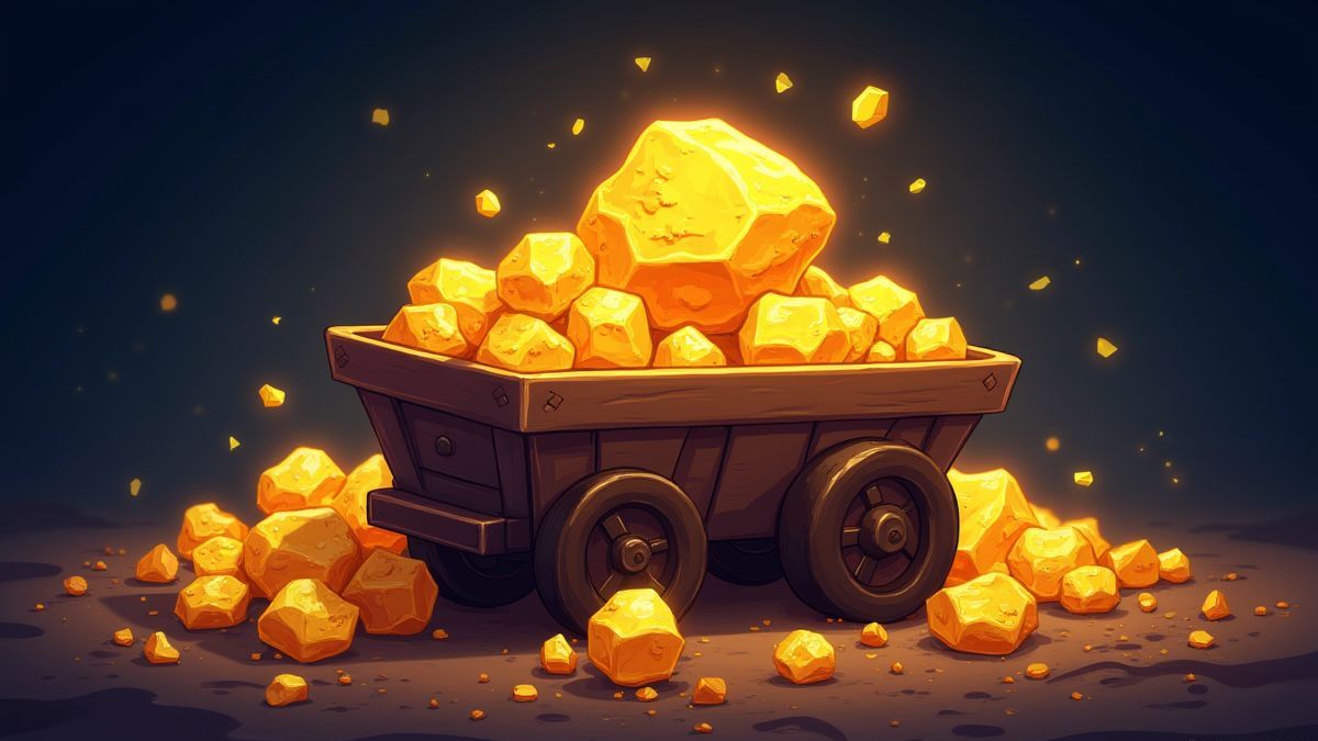Uma pepita de ouro brilhante rodeada de diamantes em um carrinho de mineração.