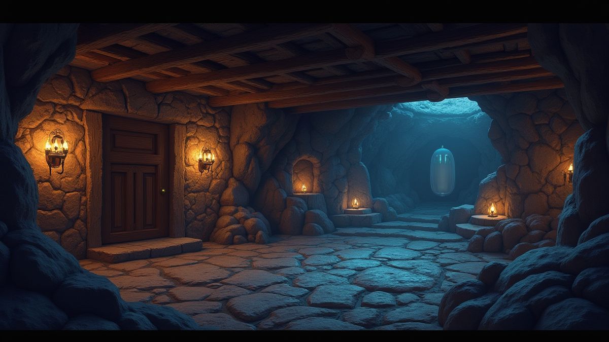 Uma mina subterrânea com vigas de madeira e paredes cheias de gemas brilhantes.