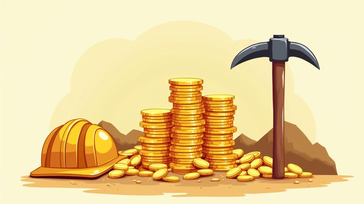 Uma pilha de moedas de ouro ao lado de um capacete de minerador e um pico.
