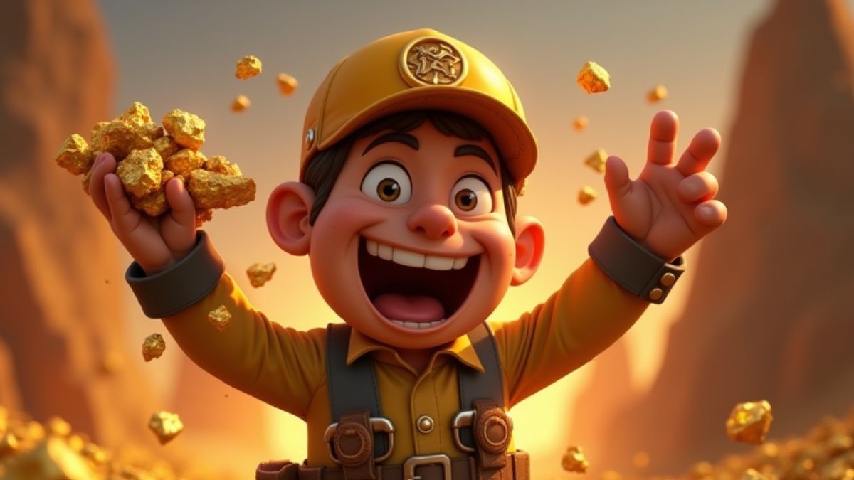 Un minero animado celebrando con pepitas de oro en la mano.
