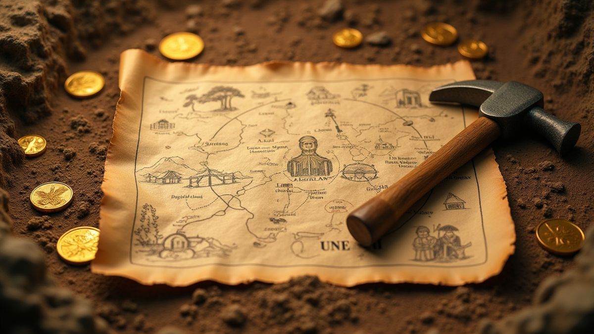 Mapa del tesoro con monedas de oro y un pico de minero.