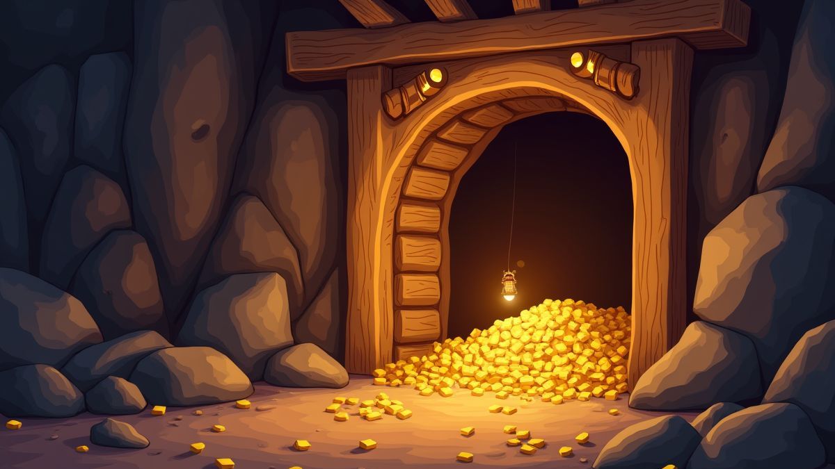 Eingang einer Goldmine mit Holzbalken und einer leuchtenden Laterne.