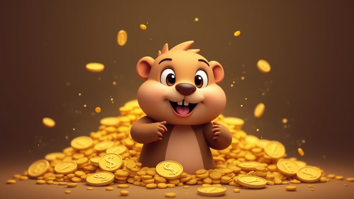 Ein verspielter Gopher, der aus einer Goldmine auftaucht, umgeben von Münzen.