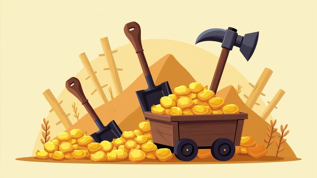 Bergbauwerkzeuge im Wilden Westen mit Gold.