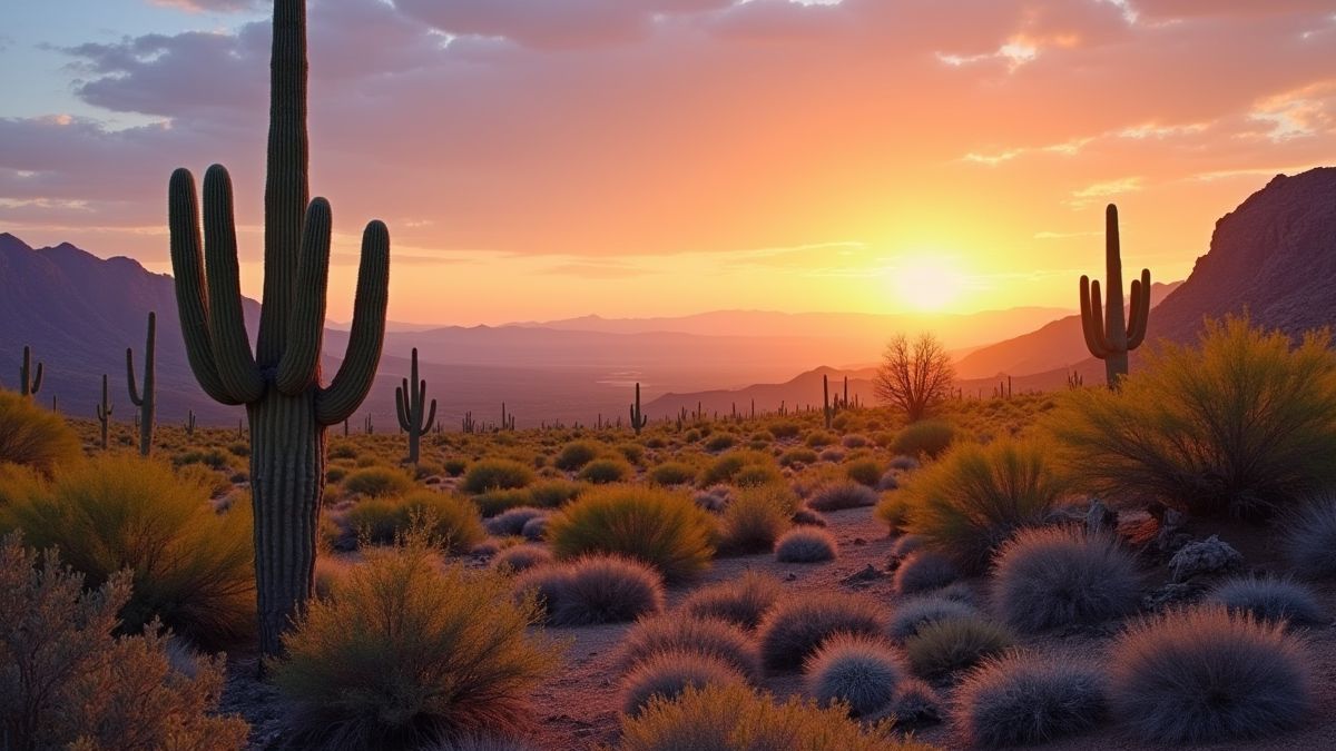 Wüste des Westens mit Kakteen und Bergen im Hintergrund.