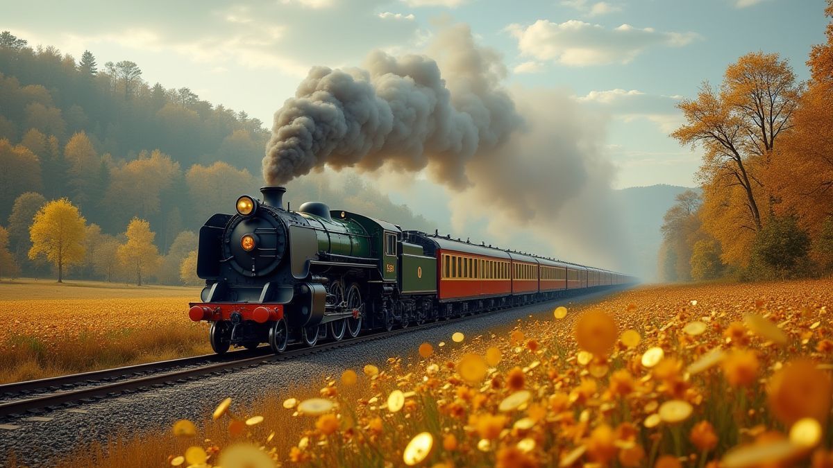 Un train de vapeur dans la campagne avec des pièces d'or dispersées