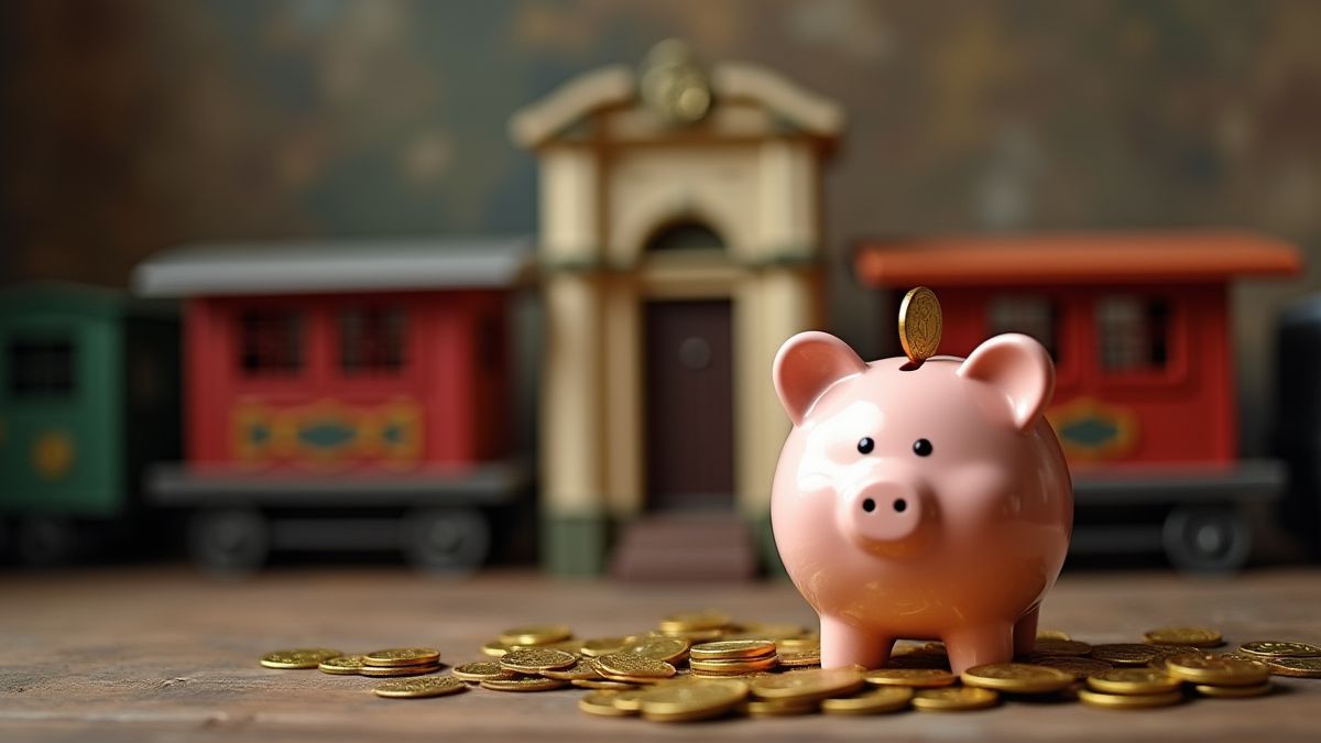 Une tirelire dans une gare de train vintage avec des pièces d'or