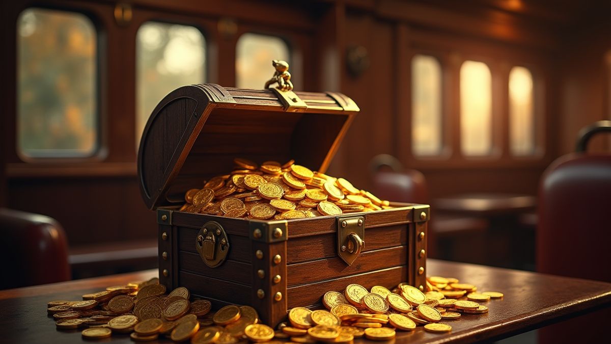 Un coffre au trésor rempli de pièces d'or et de jackpots dans un compartiment de train