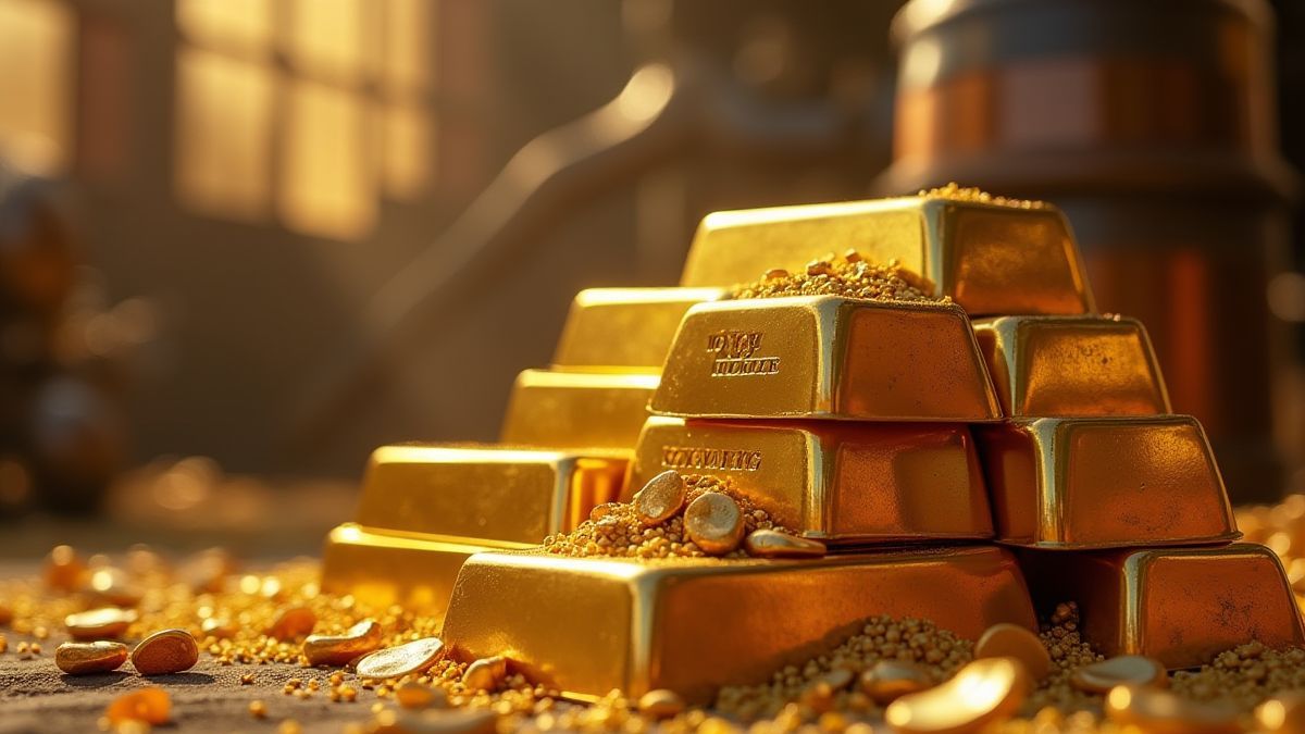 Lingotes de ouro junto a uma fábrica animada.