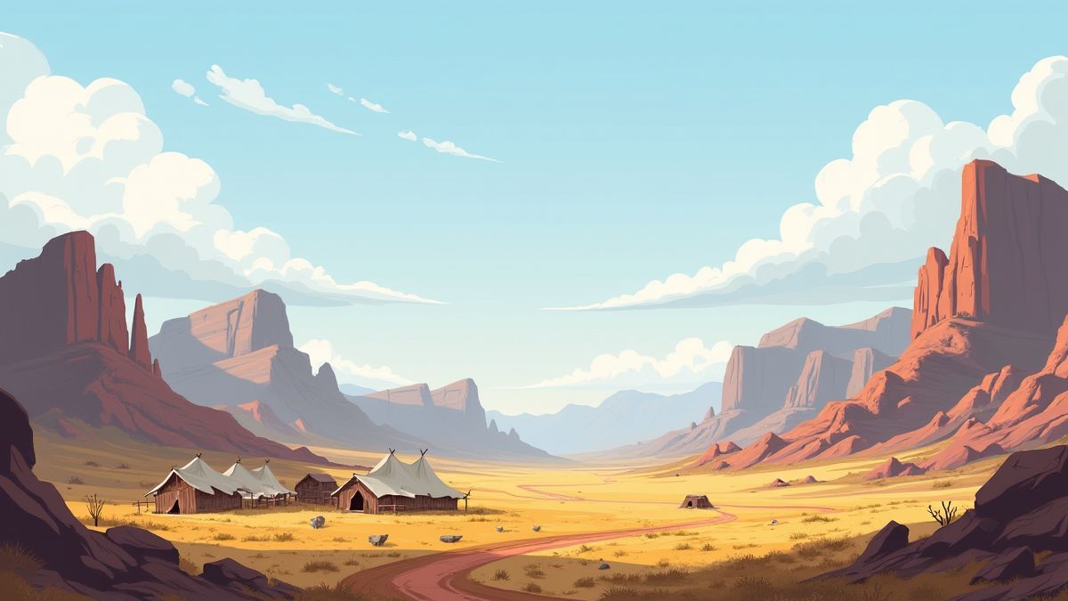 Paisagem montanhosa do Velho Oeste com tendas.